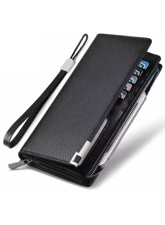 joyzzz Long Wallet for Men Genuine Leather Zipper Wallet with 30 Card Slots|2 ID Windows|RFID Blocking|Wrist Strap|Cash Compartments|Gift Package, Large Capacity Organizer Accordion Wallet, Black - Image 1